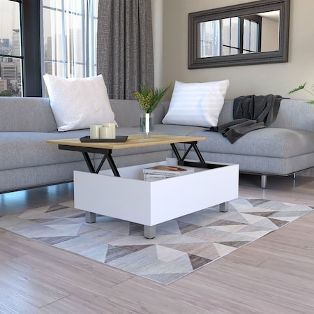 Tuhome Gambia Lift Top Coffee Table, Four Legs, White/Light Oak MBD5018